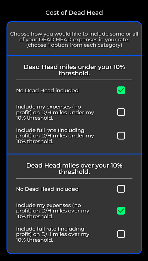 LANEMetrics deadhead miles cost selection showing threshold options for including dead head expenses and profit in rate calculations for owner operator trucking rate calculator