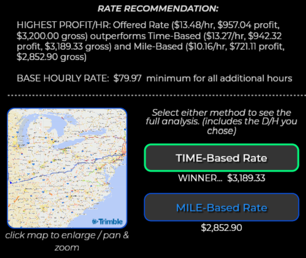 LANEMetrics rate recommendation showing time-based rate versus rate per mile and cost per mile with base hourly rate, route map, and highest profit per hour comparison for owner operator rate calculator