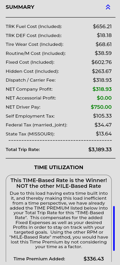 LANEMetrics all inclusive trip summary showing fuel, DEF, tire wear, maintenance, fixed costs, hidden costs, dispatch fees, factoring fee, net company profit, driver pay, self-employment tax, federal tax, state tax, total trip rate, and time premium for owner operator trucking rate calculator
